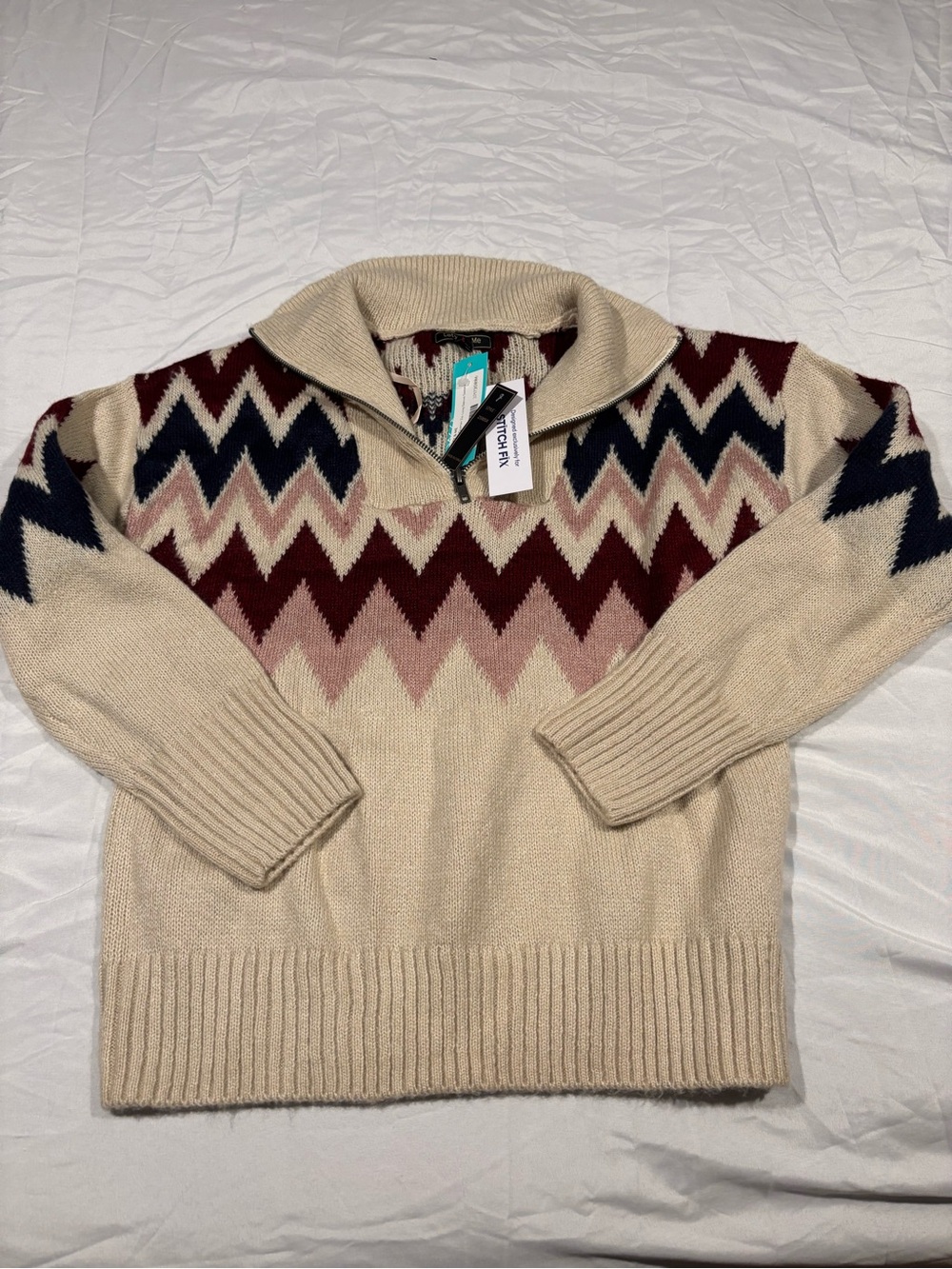 Women’s Lety & Me Cream Zigzag Zip-Neck Sweater - BNWT